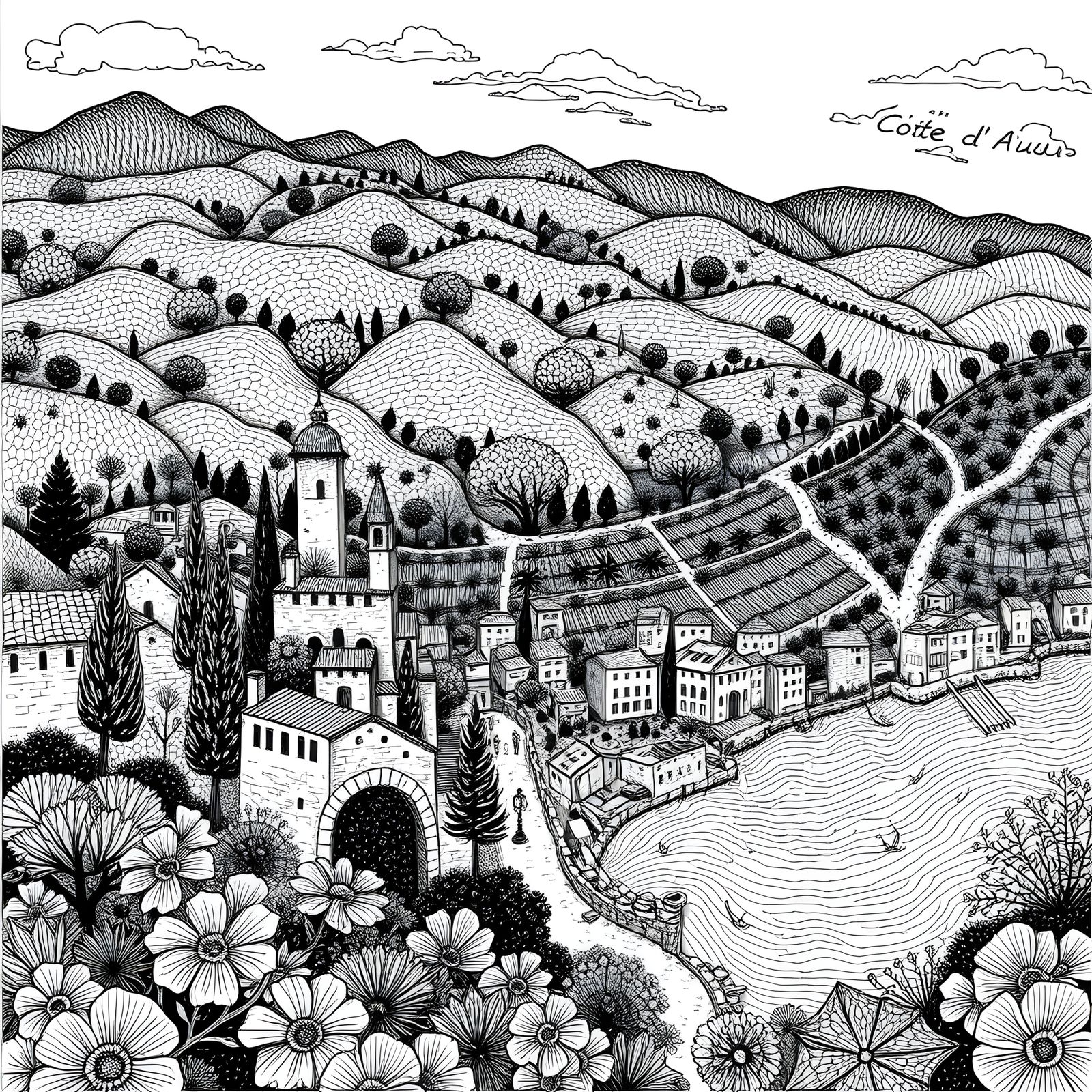 Detailed Doodle Drawing of Provence Côte d'Azur