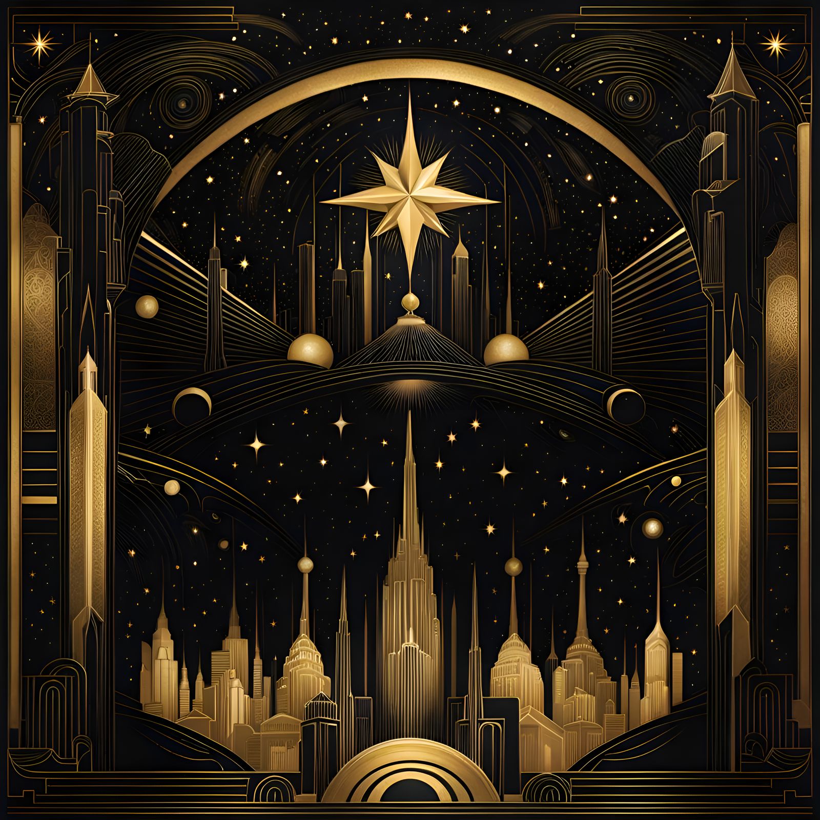 Art Deco Starry Night Poster in Gold