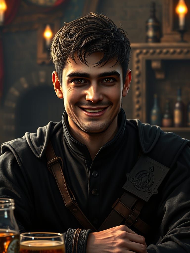 Handsome Young Knight Smiles at Love in a Medieval Tavern