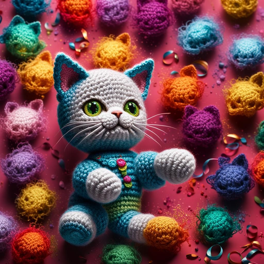 Hyperrealistic Crocheted Kitten in Splash Art Style