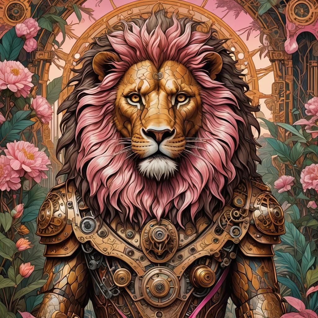 Animatronic Lion-Human in Steampunk Jungle Desert