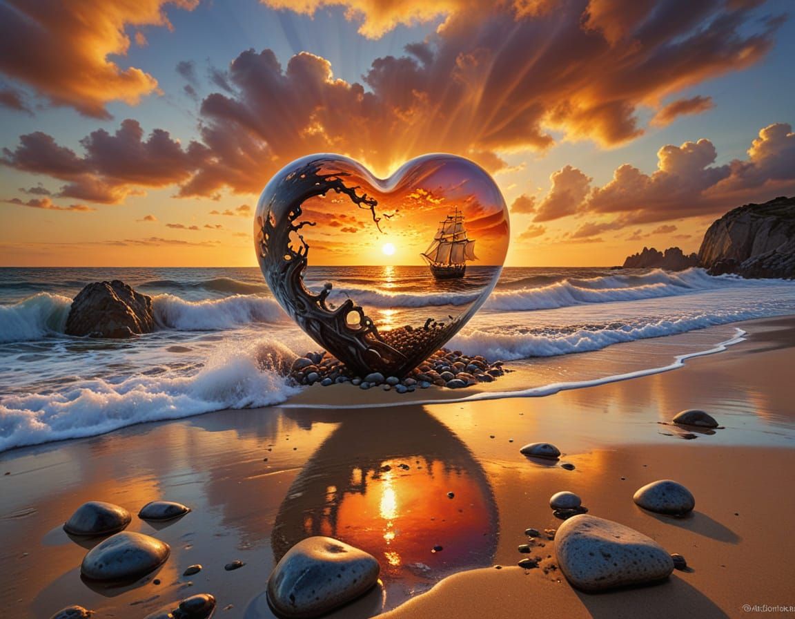 Glass Heart with Ship Painting on Sunset Beach