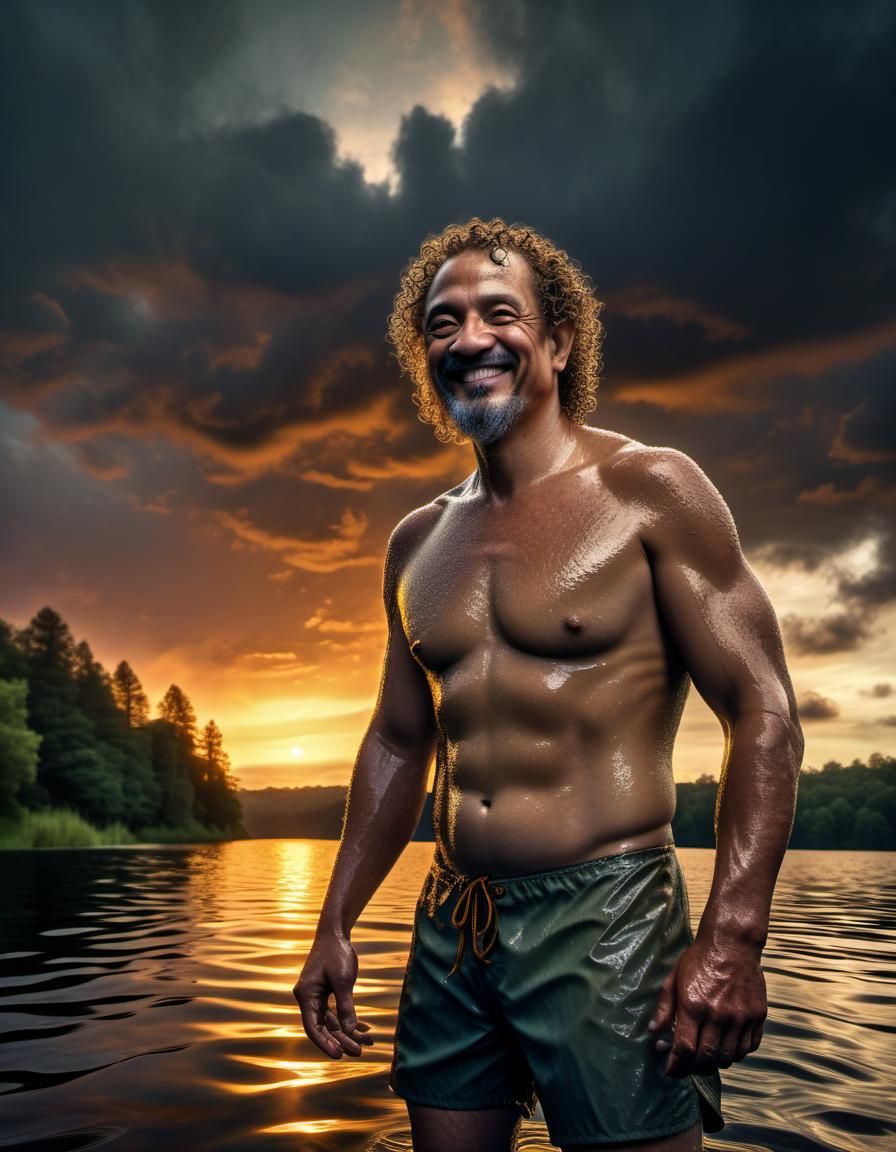 Halfling Man in Lake at Sunrise: Renaissance Fantasy