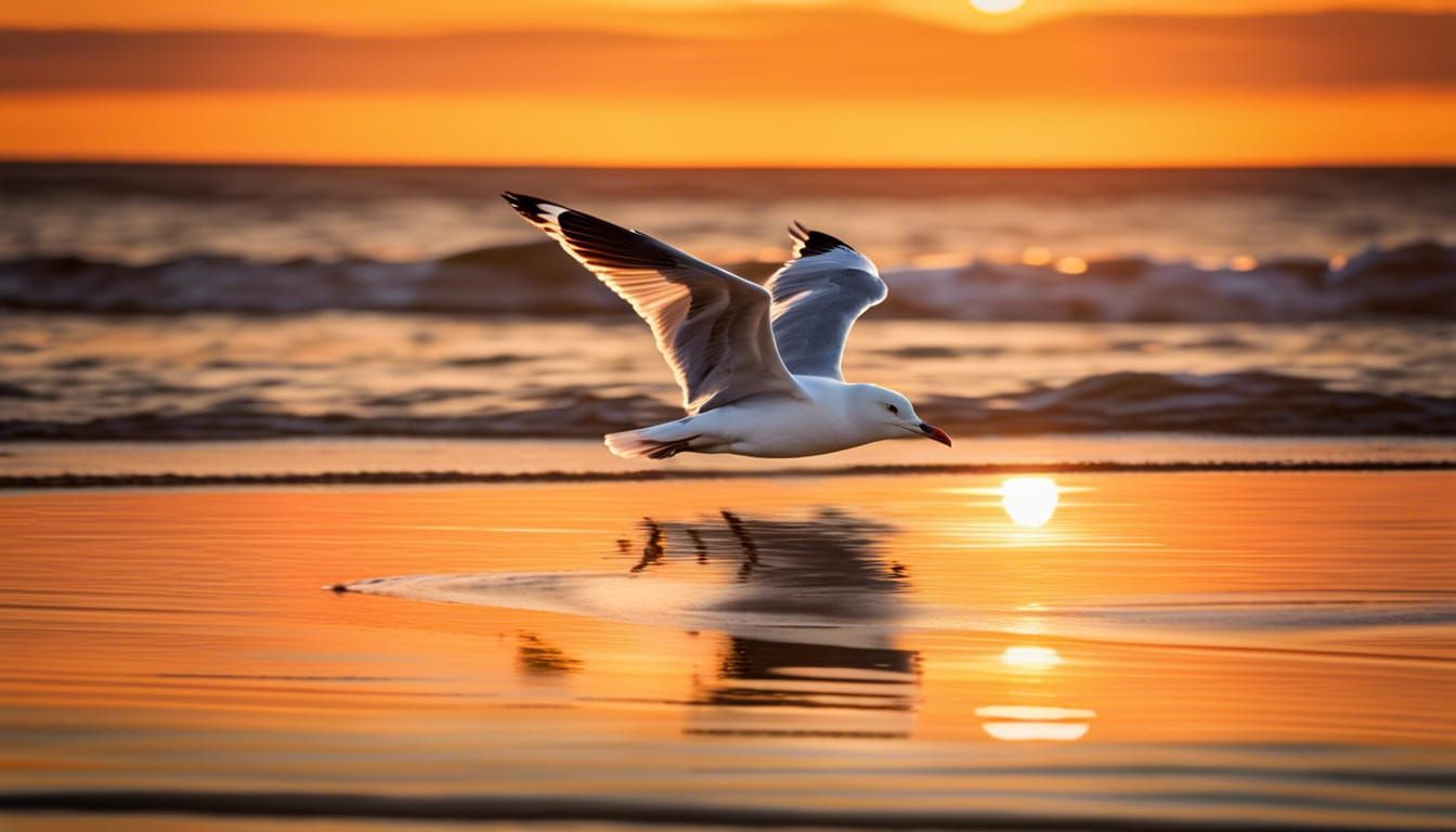 Seagull Gliding Gracefully During Golden Hour Sunset