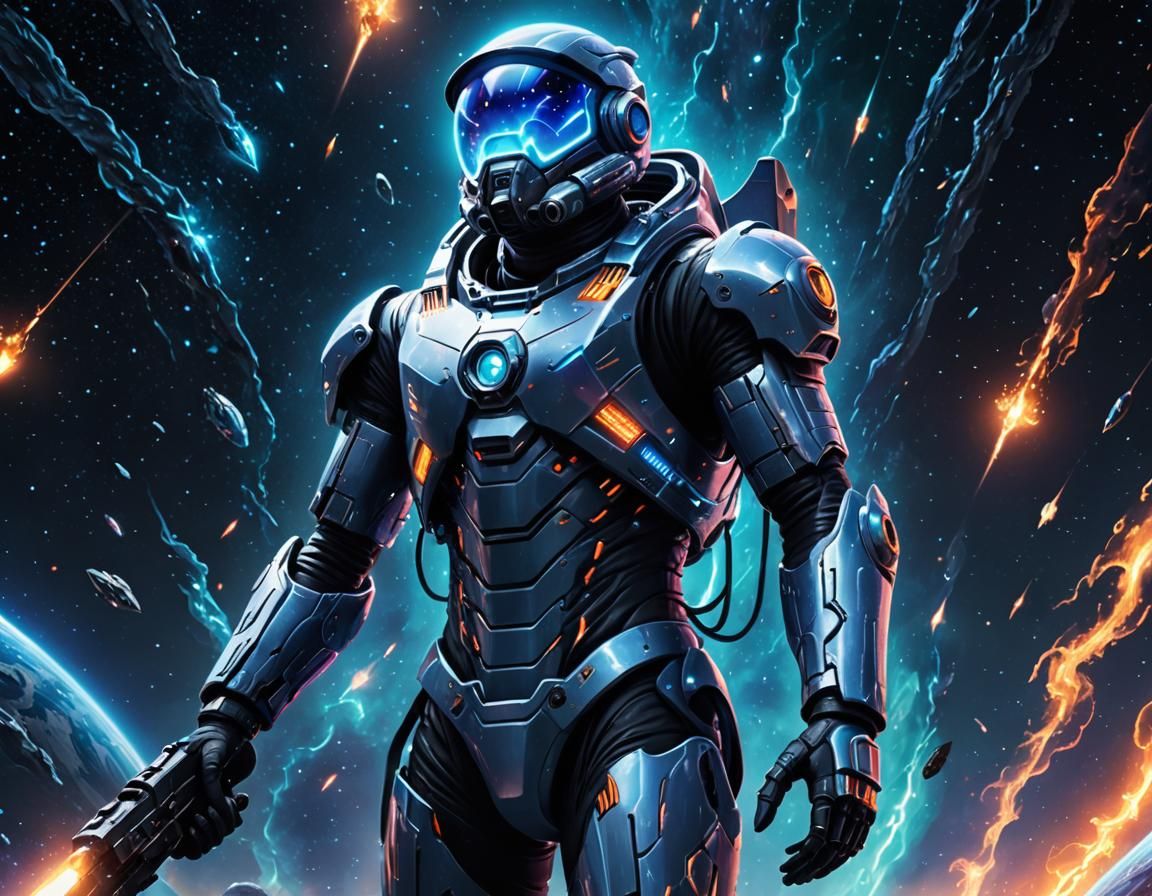 Sci-Fi Figure with Blue Flames in Galactic Space