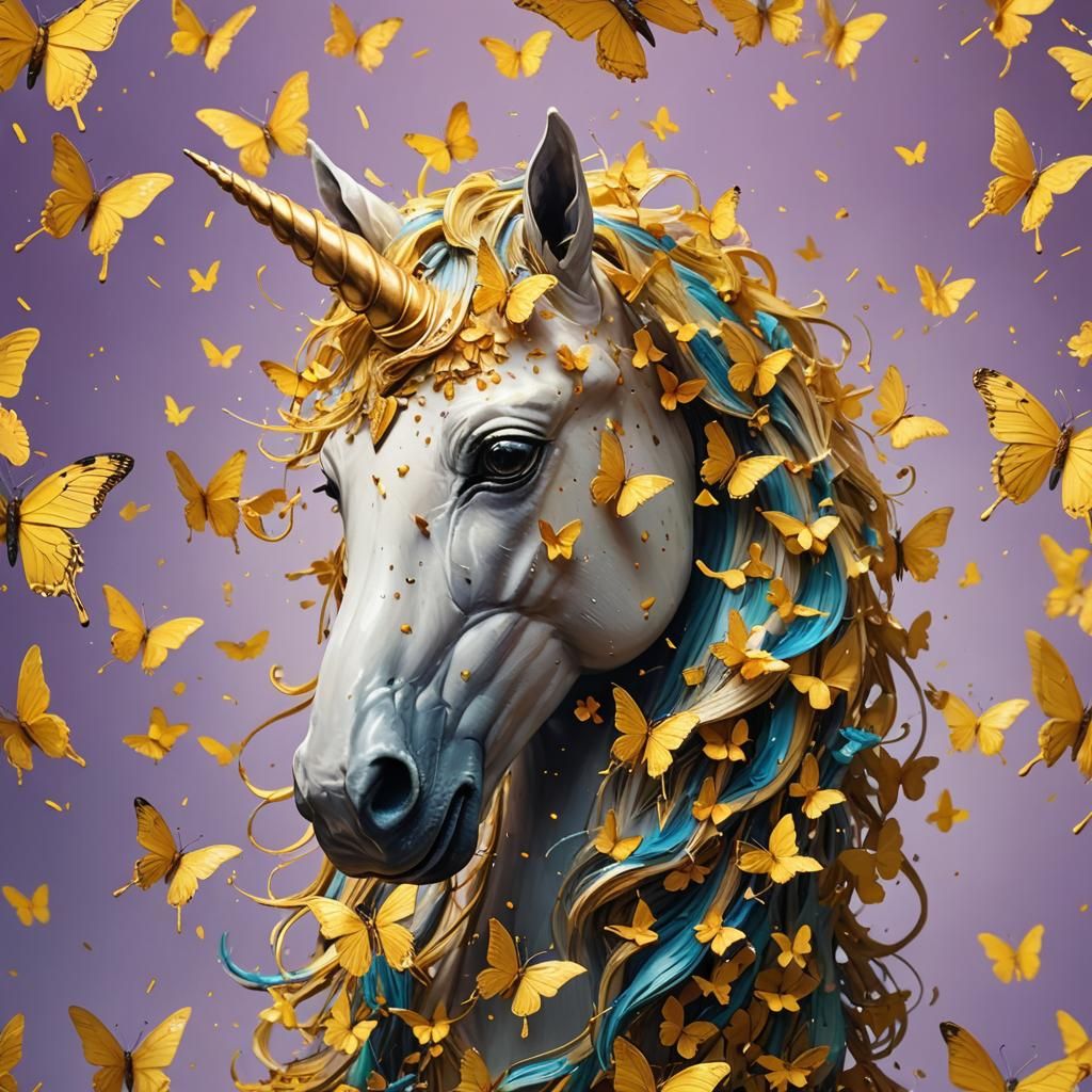 Unicorn Head Surrounded by Yellow Butterflies