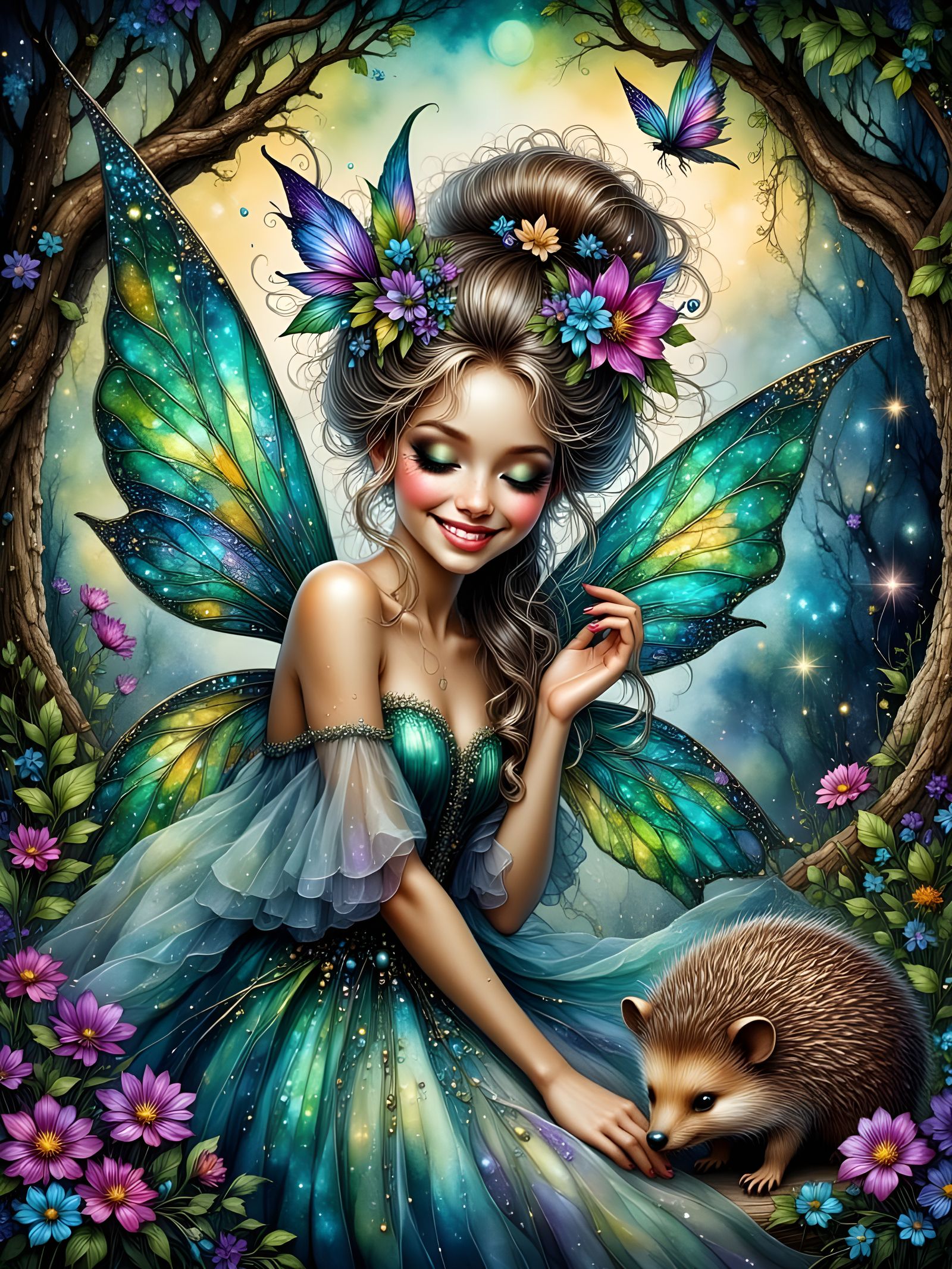 Ethereal Fairy with Butterflies and Hedgehog