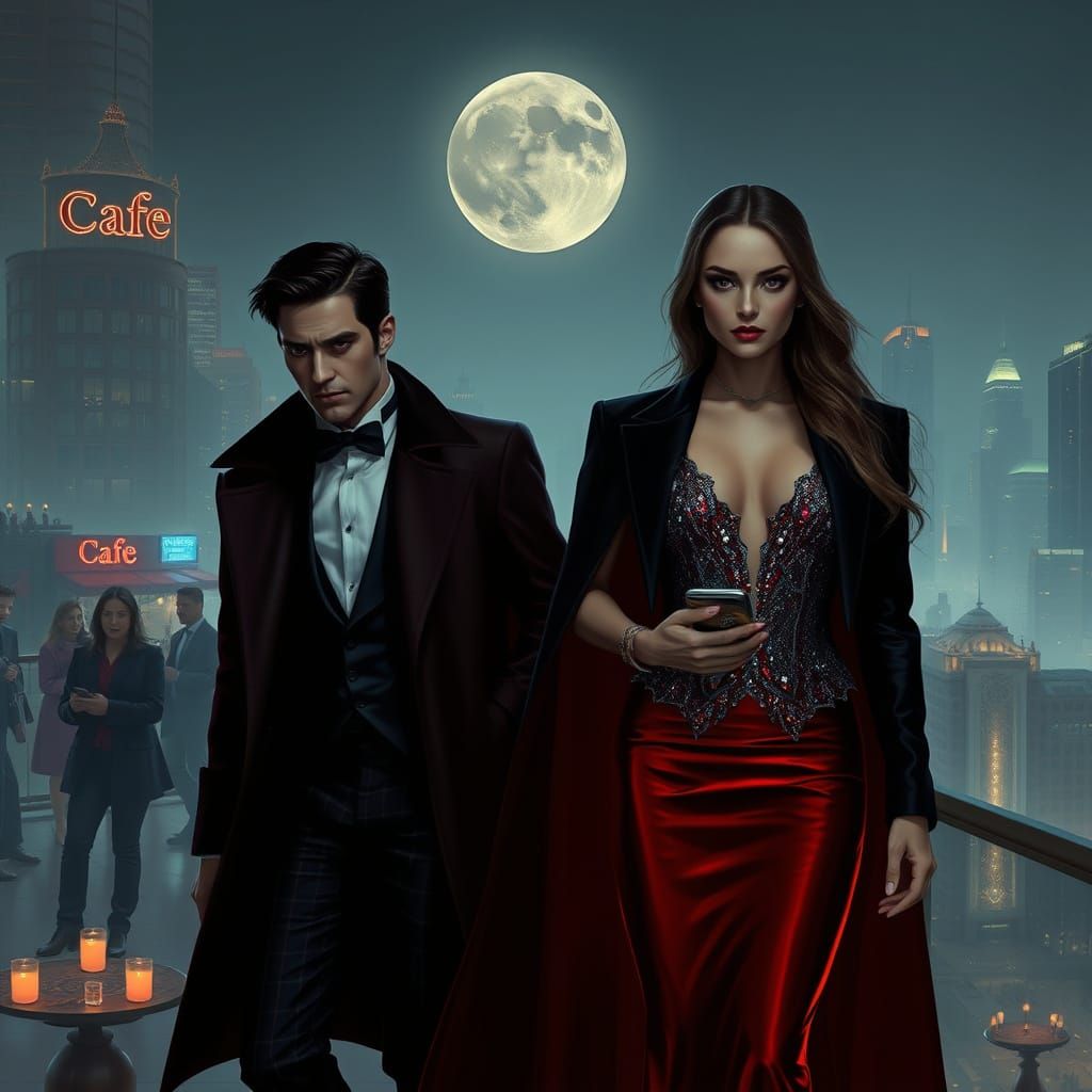Charismatic Vampires Emerge in a Futuristic Cityscape at Sun...