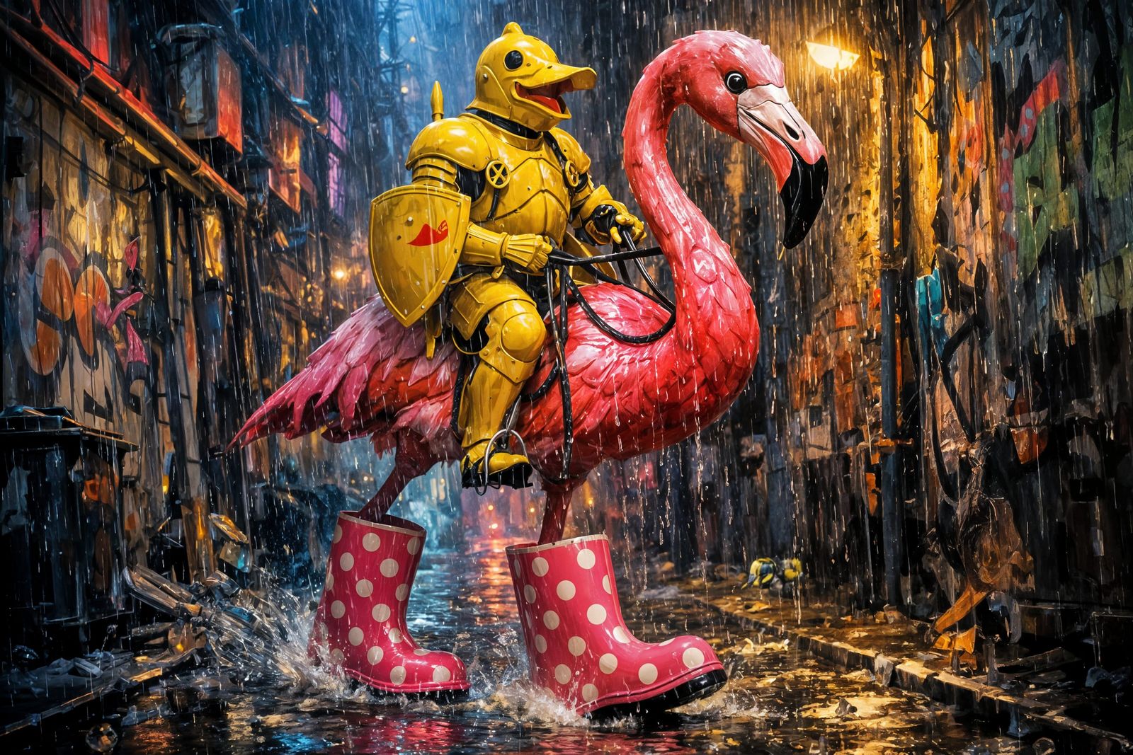 Knight in Yellow Plastic Armor Rides Flamingo in Rainstorm