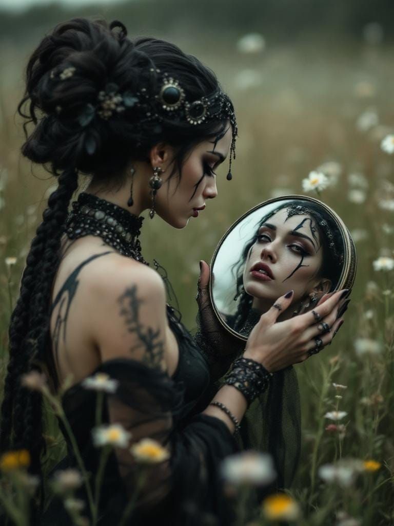 Mysterious Woman Gazing into a Mirror