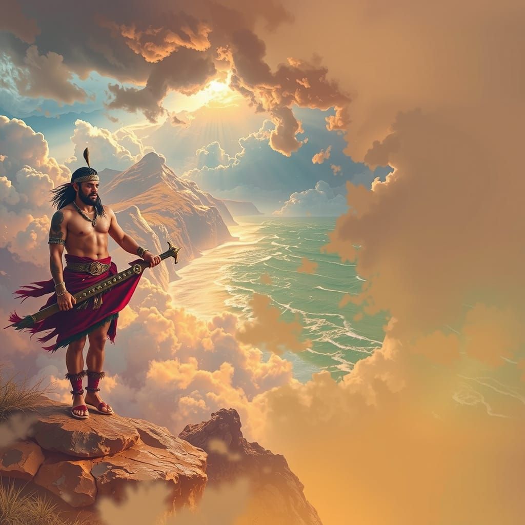 Maori Warrior on Cliff Overlooking Stormy Sea