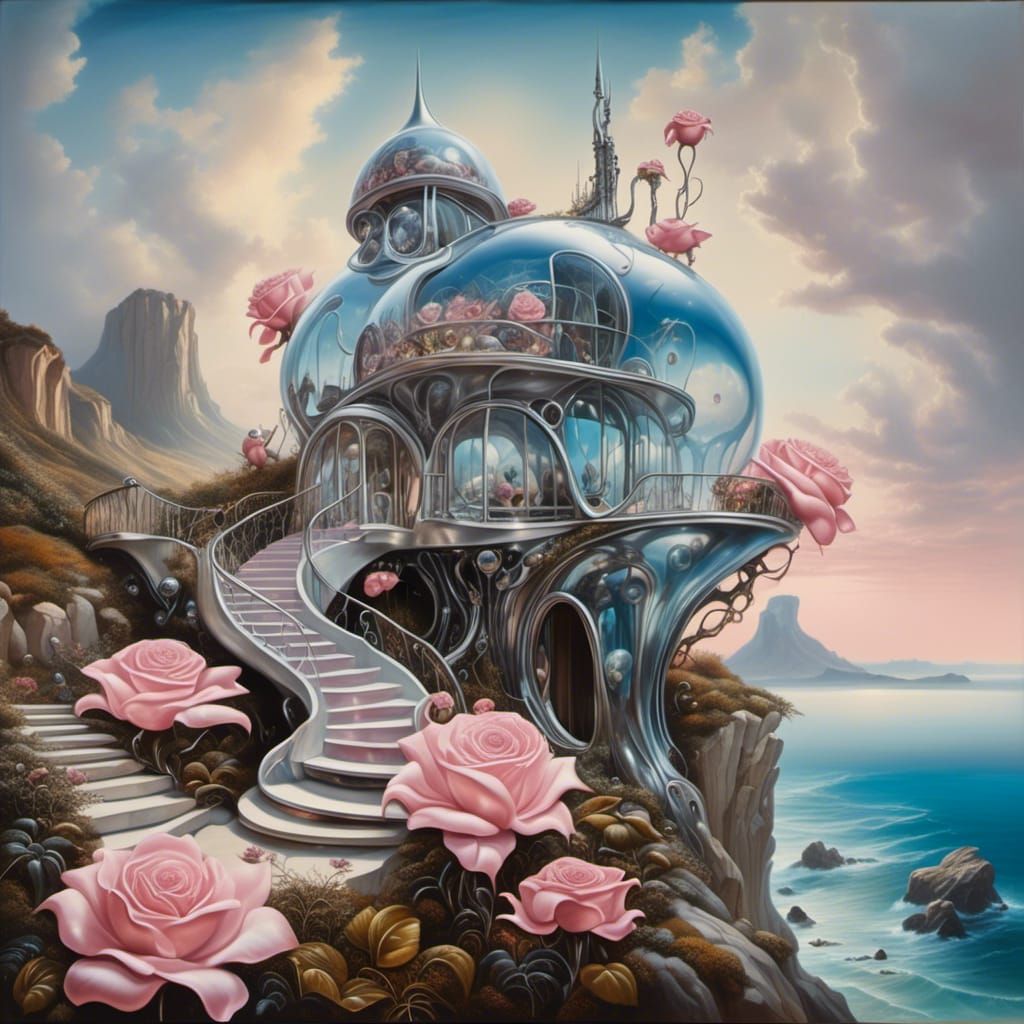 Futuristic Crystal House with Roses in Surrealist Style