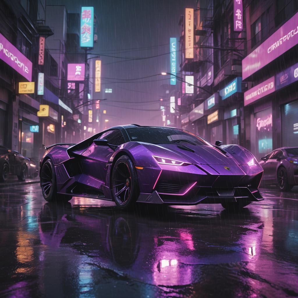 Cyberpunk Supercar Speeds Through Rainy City Street
