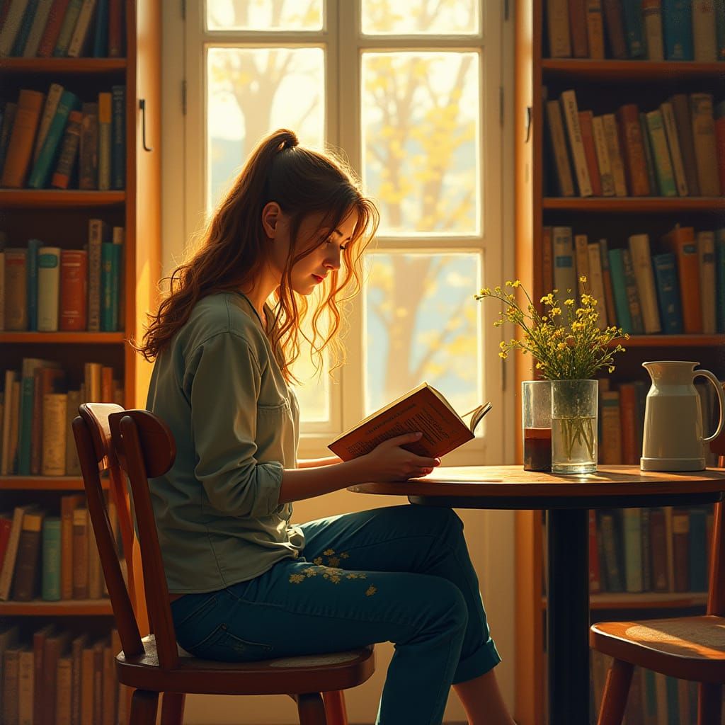 Girl Reading in Cozy Library, Nostalgic Realism