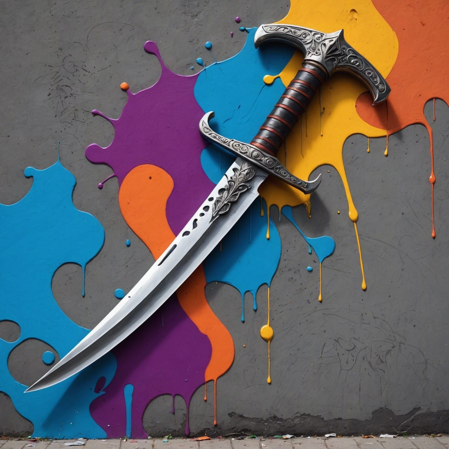 Elegant Scimitar in Graffiti Splash Art Style