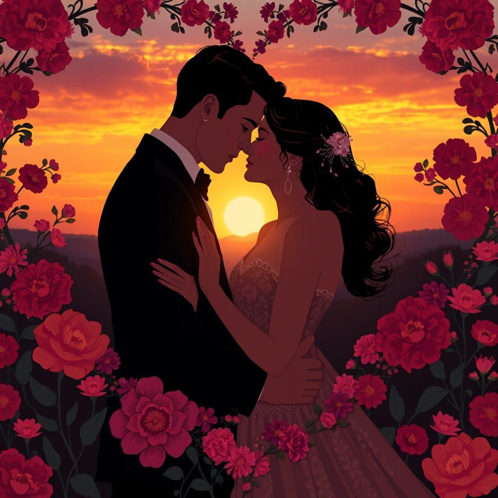 Embracing Couple in Floral Heart, Art Nouveau Style