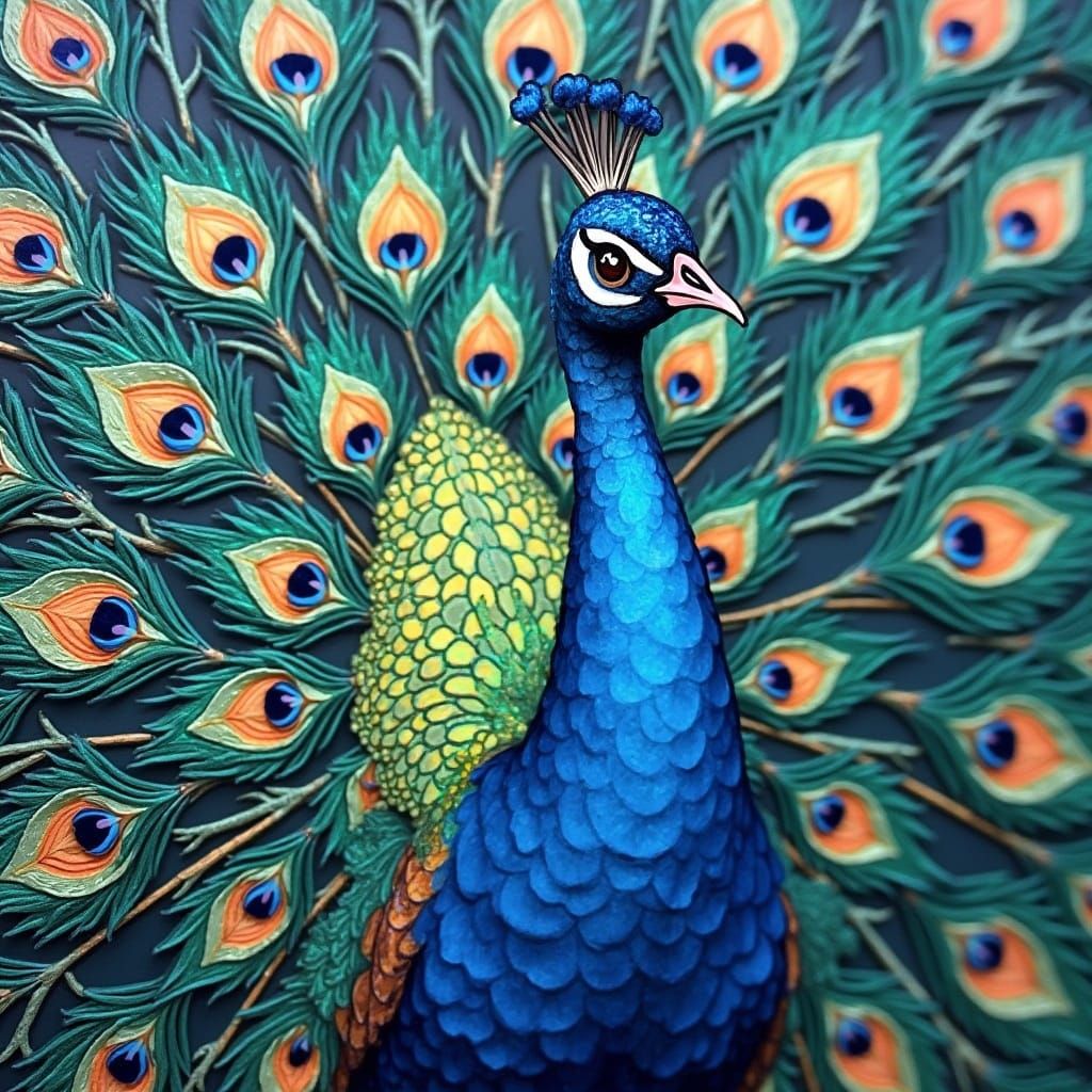 Iridescent Peacock Collage with Cutouts and Mixed Media