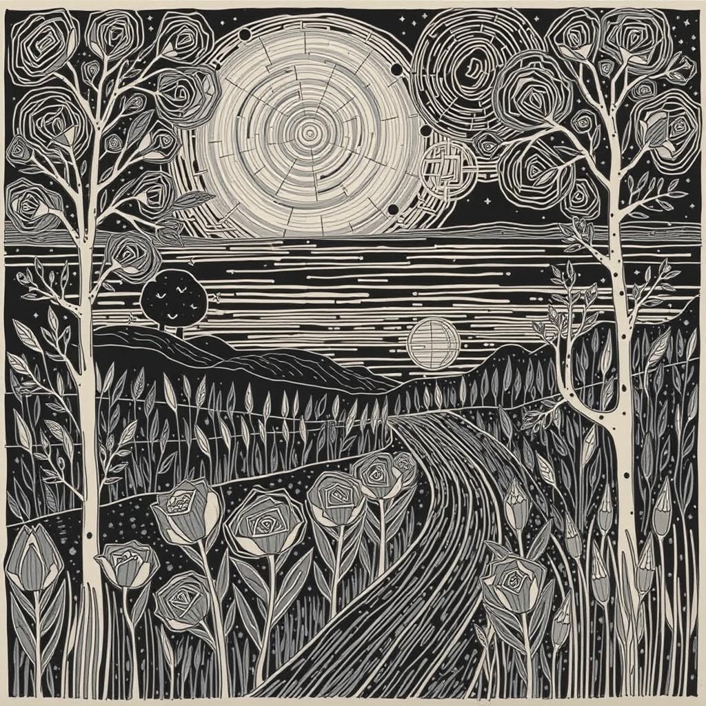 Woodblock Print Landscape in Minimalist Style