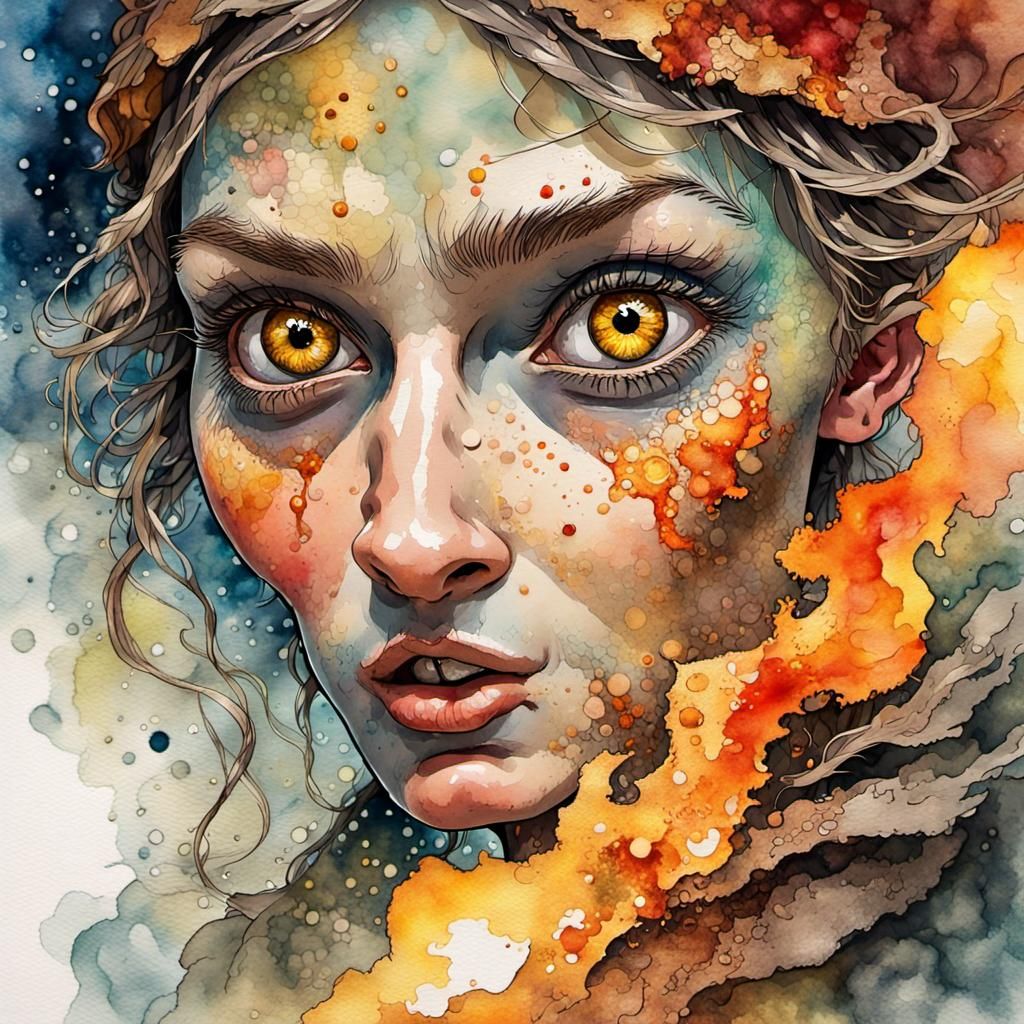 Fantasy Elf Fire Witch Portrait in Watercolor