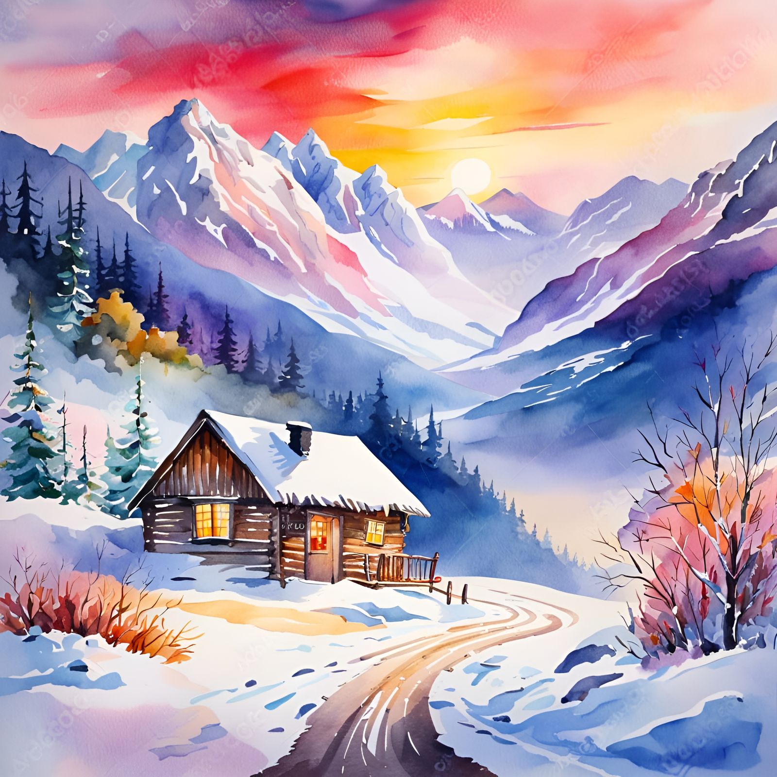 Winter Cabin Watercolor Painting at Sunrise