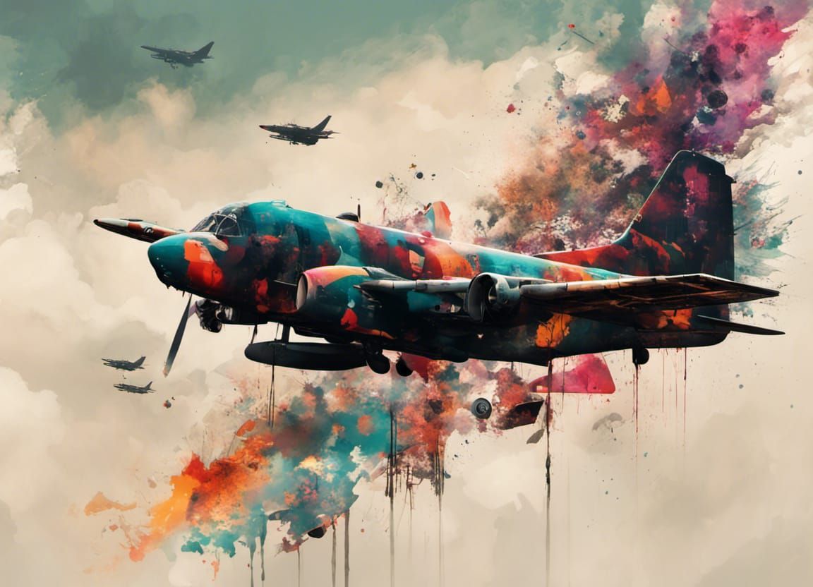 Soldier Silhouette over Bomber Plane in Colorful Style