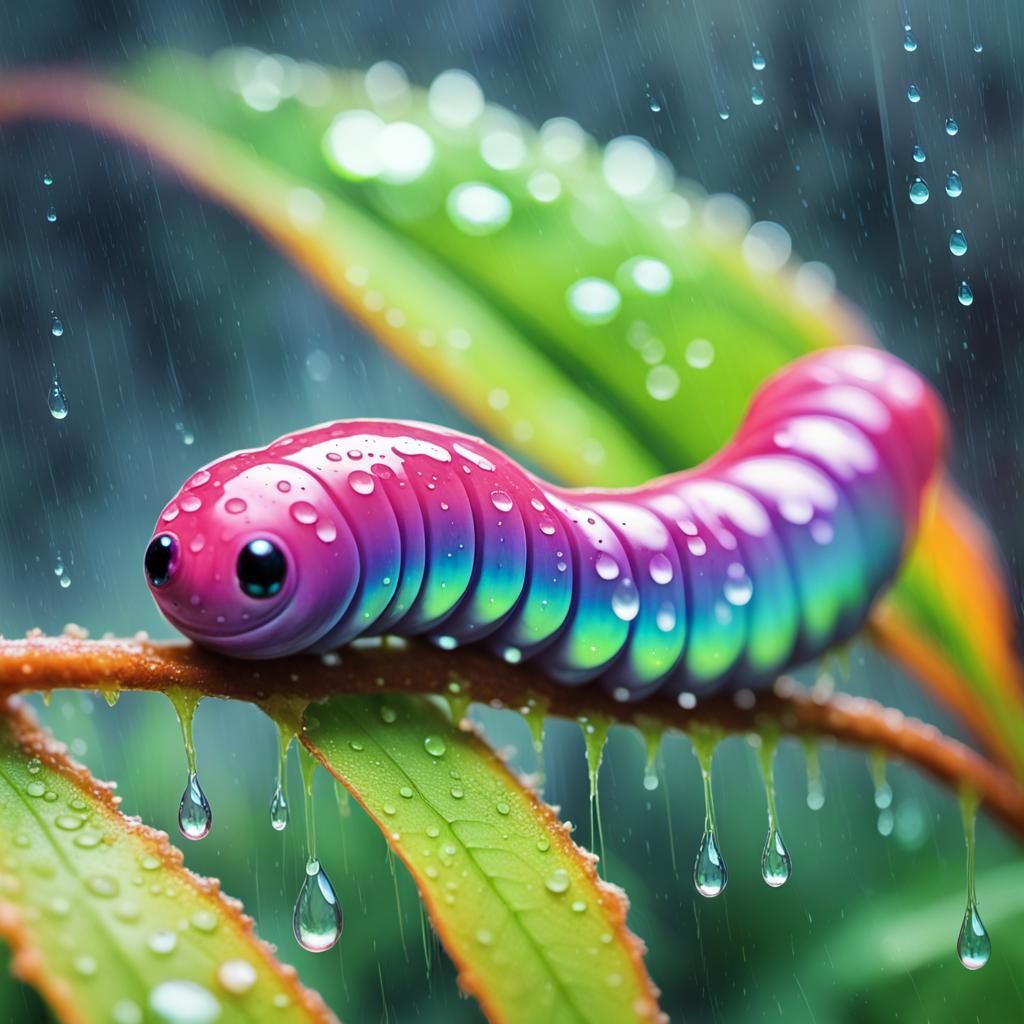 Bioluminescent Inchworm in Rainy Watercolor Art