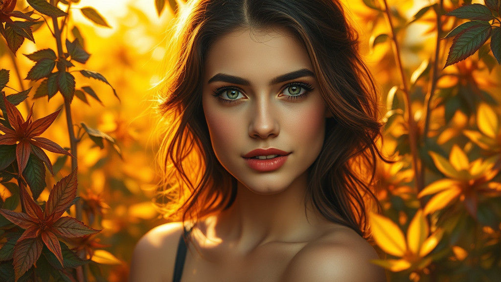 Golden Portrait Surrounded by Lush Foliage as Oil Painting