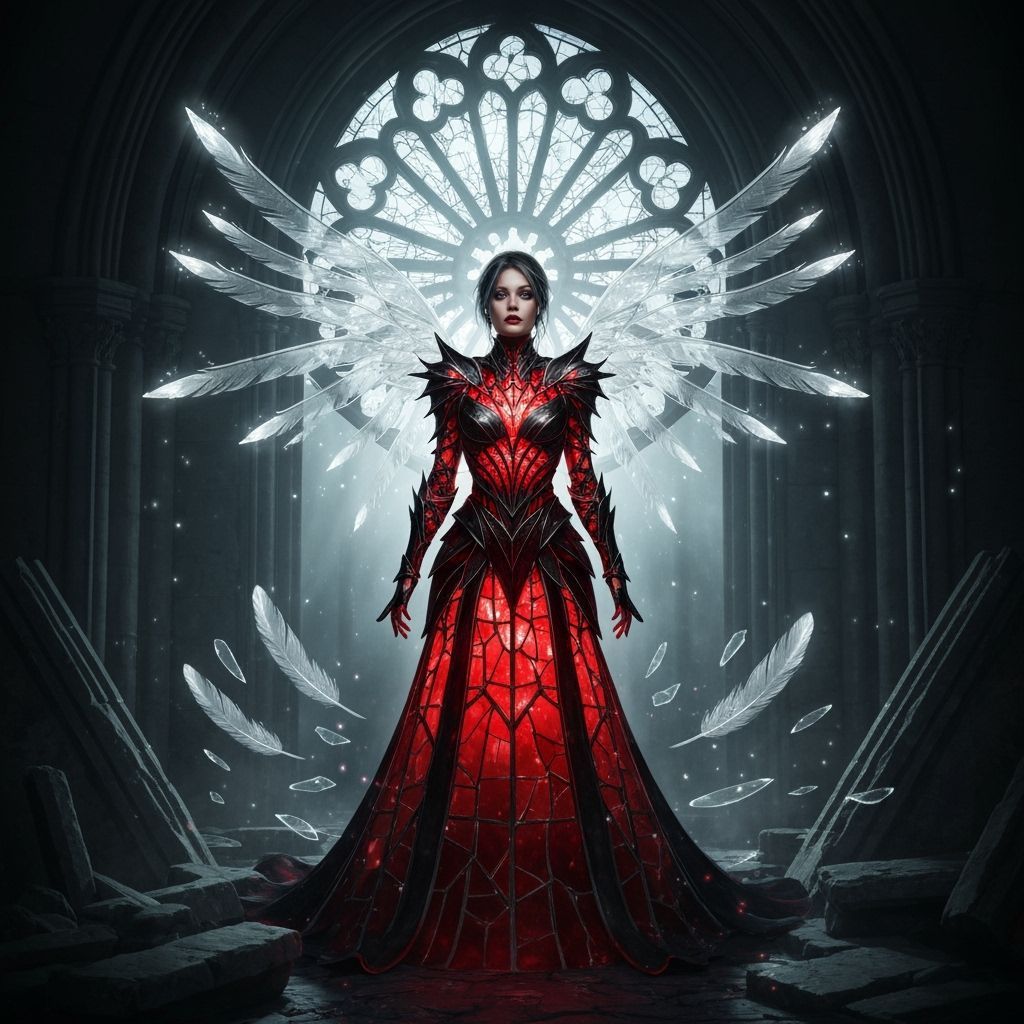 Enchanting Woman in Stained Glass Gown Among Cathedral Ruins