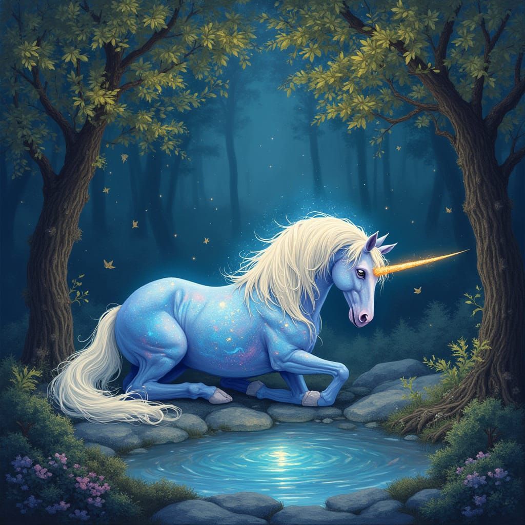 Celestial Unicorn with Bioluminescent Leaves, Art Nouveau St...