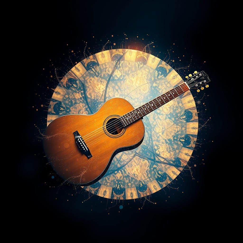 Surreal Guitar Mandala in Vibrant Gold and Blue