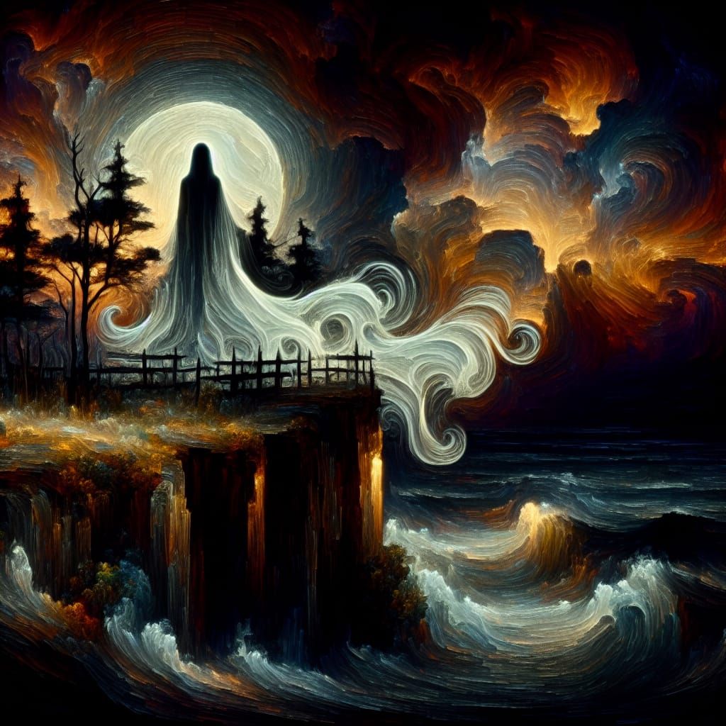 Ethereal Specter Overlooking Ocean as Impressionist Oil Pain...