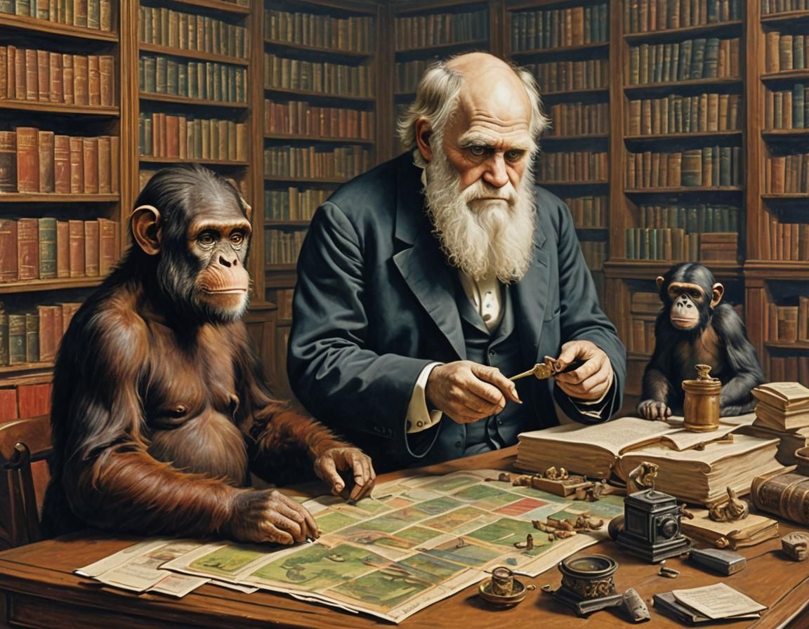 Apes Assemble Jigsaw in Victorian Library: Oil Painting