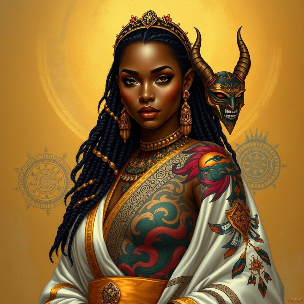 Regal African Goddess Adorned with Vibrant Aztec and Mayan-I...