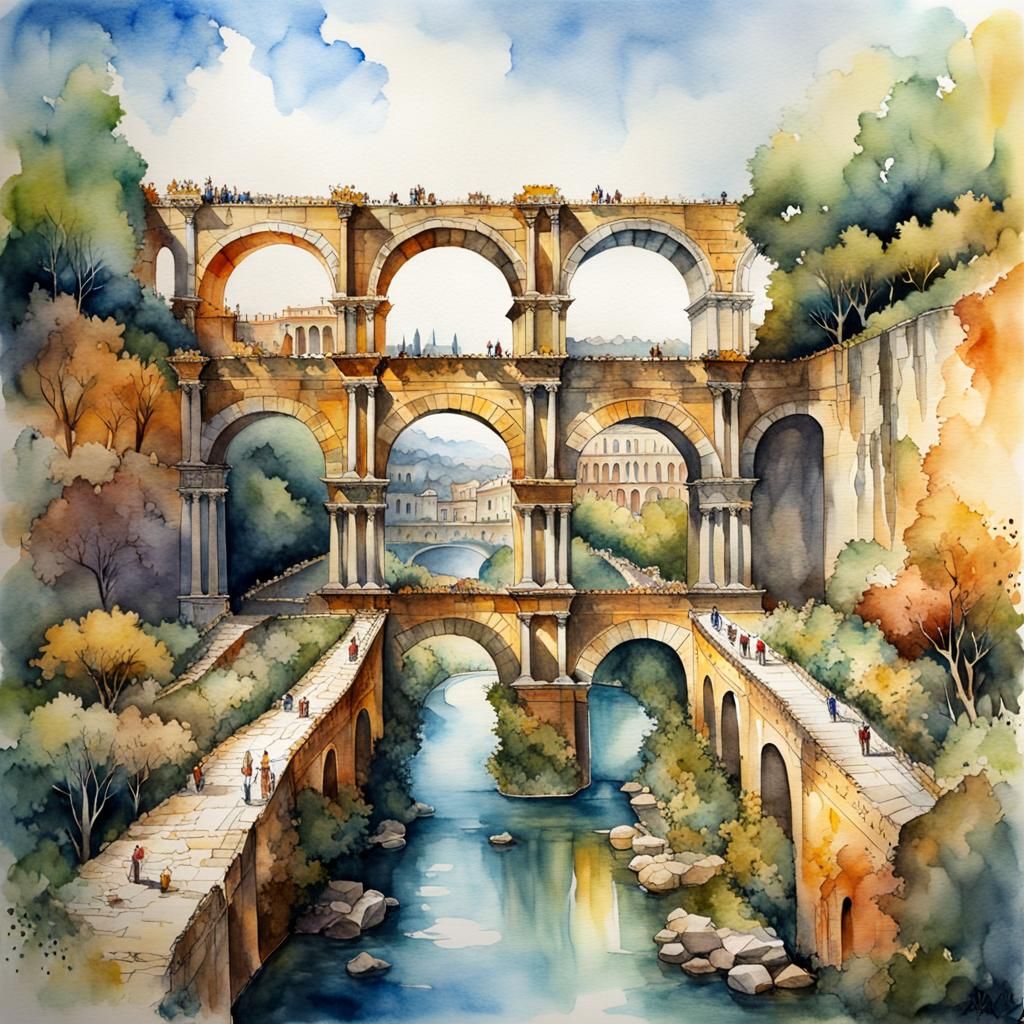 Ancient Roman Aqueduct Construction Watercolor Illustration