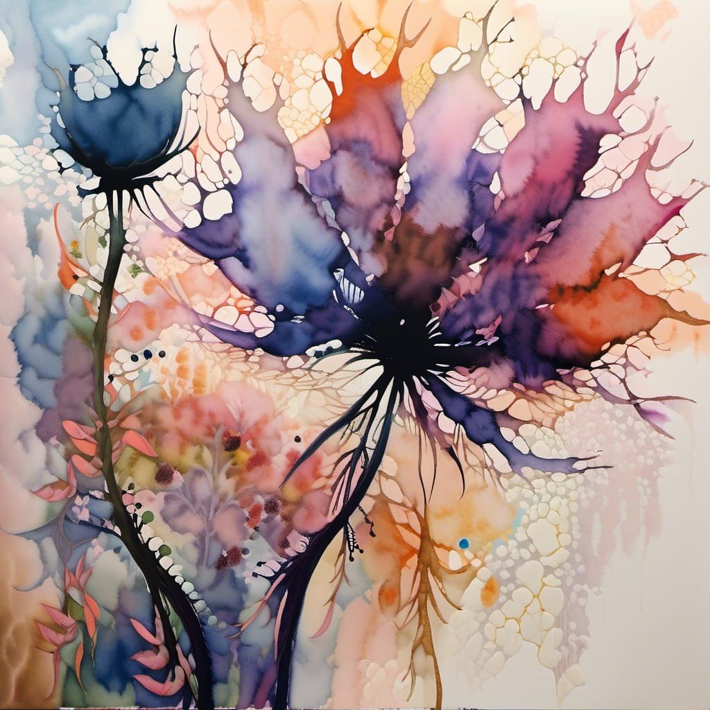 Alien Flower Silhouette in Mixed Media Watercolor