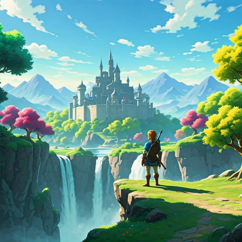 Epic Castle Landscape with Vibrant Trees and Waterfall in Re...