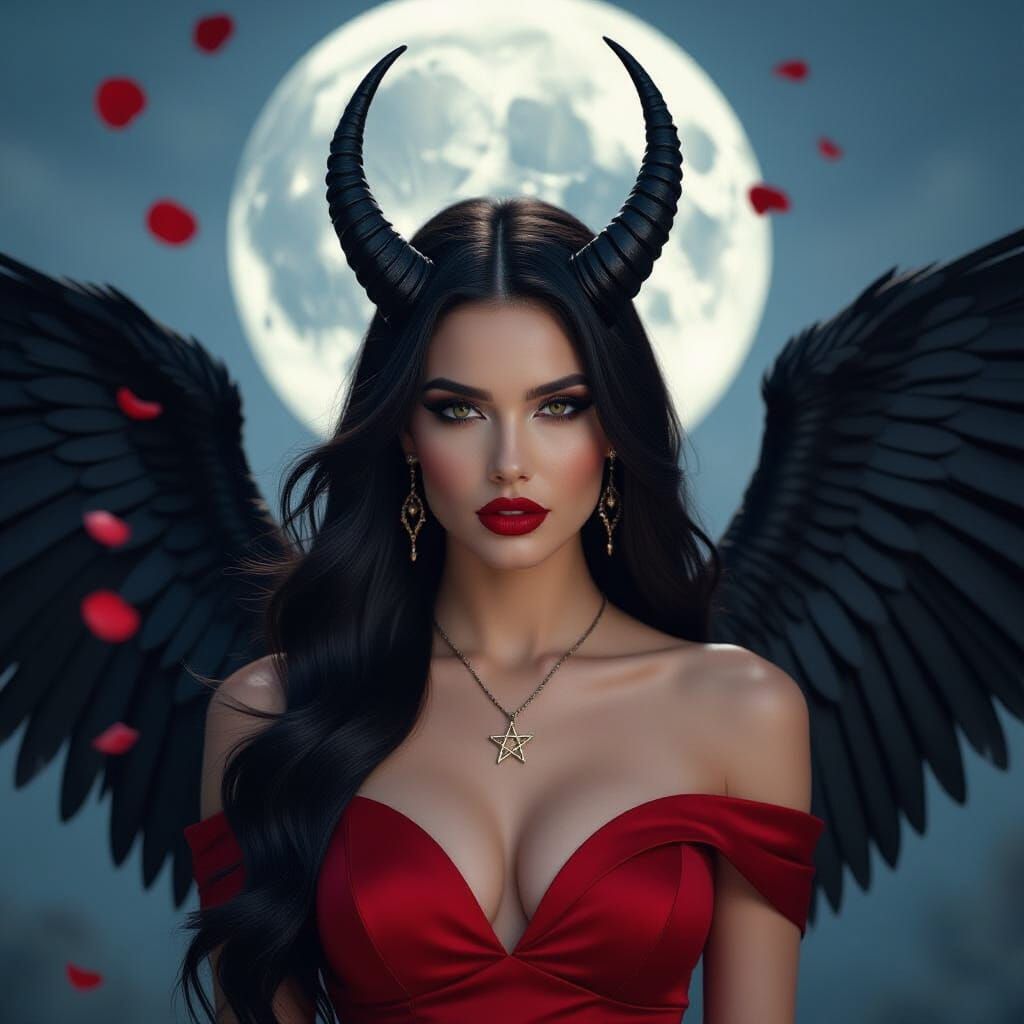 Goddess with Black Wings and Red Dress in Cinematic Style