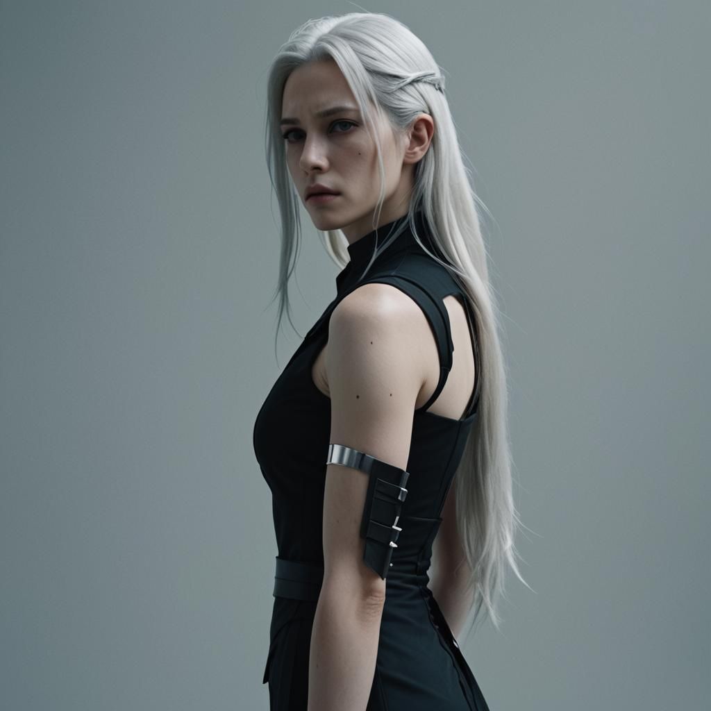 Female Sephiroth in Sleek Dress: Cinematic Film Still