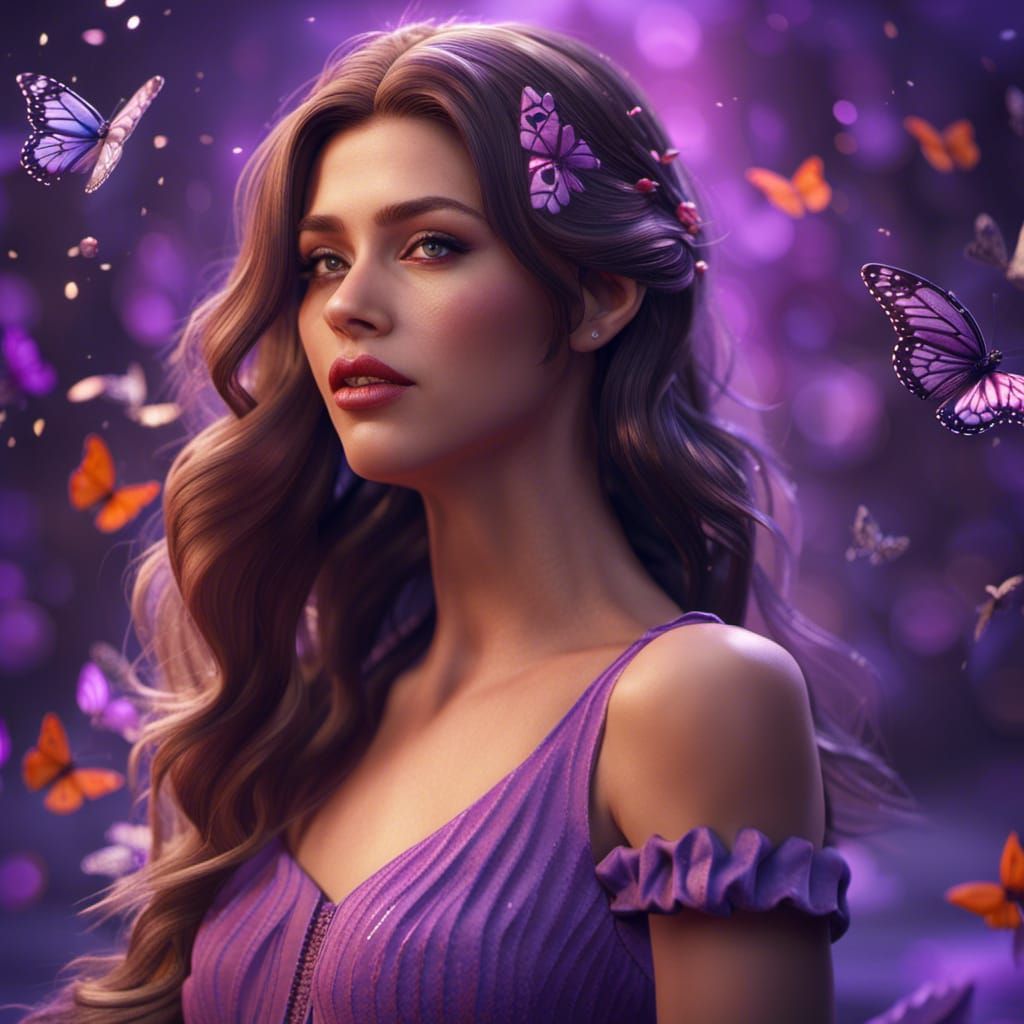 Young Woman in Purple Dress with Butterflies