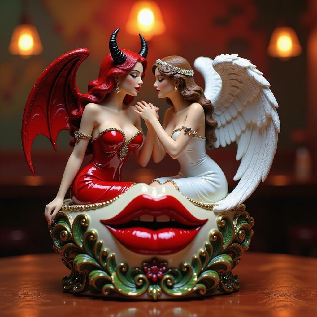 Angel and Devil Figurines in Surreal Bar Scene