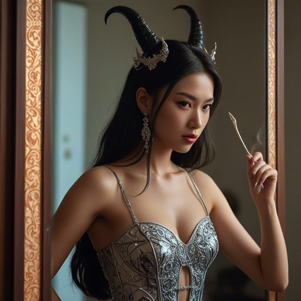 Elegant Asian Demon Reflects Beauty in Hellish Landscape