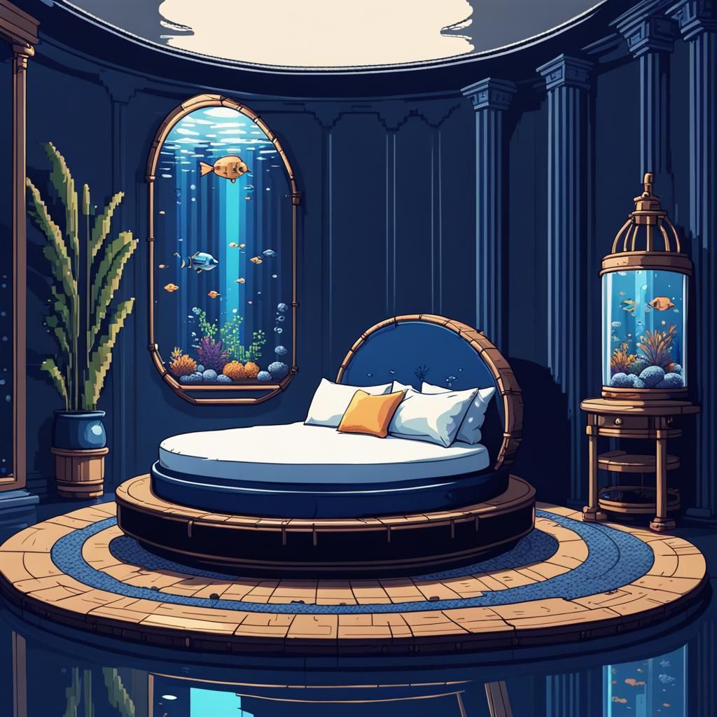Luxurious Round Bed with Aquarium in 8-bit Art