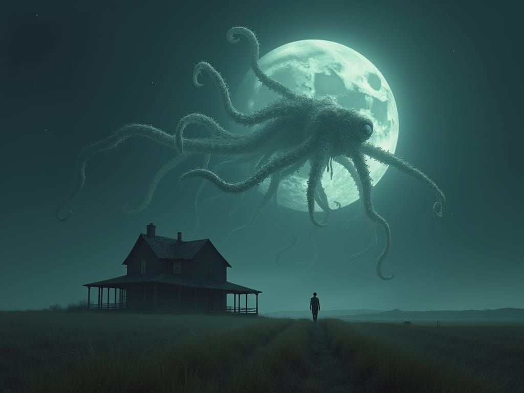 Eerie Farmhouse Under Cosmic Being in Rural Horror Style