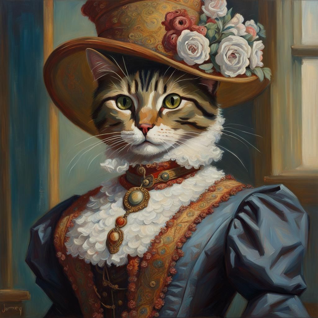 Victorian Cat Portrait in Oil Painting Style
