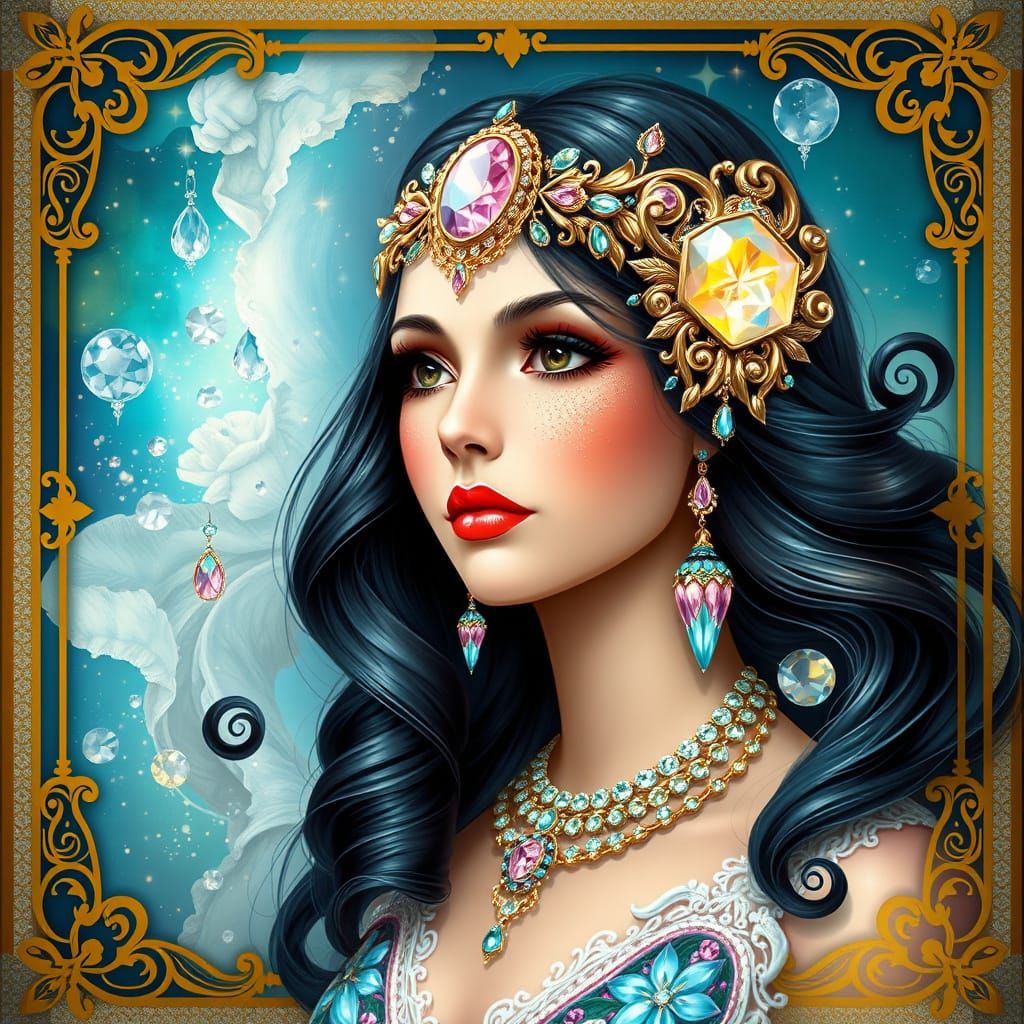 Klimt style dressed game girl icon poster， wear shining past...