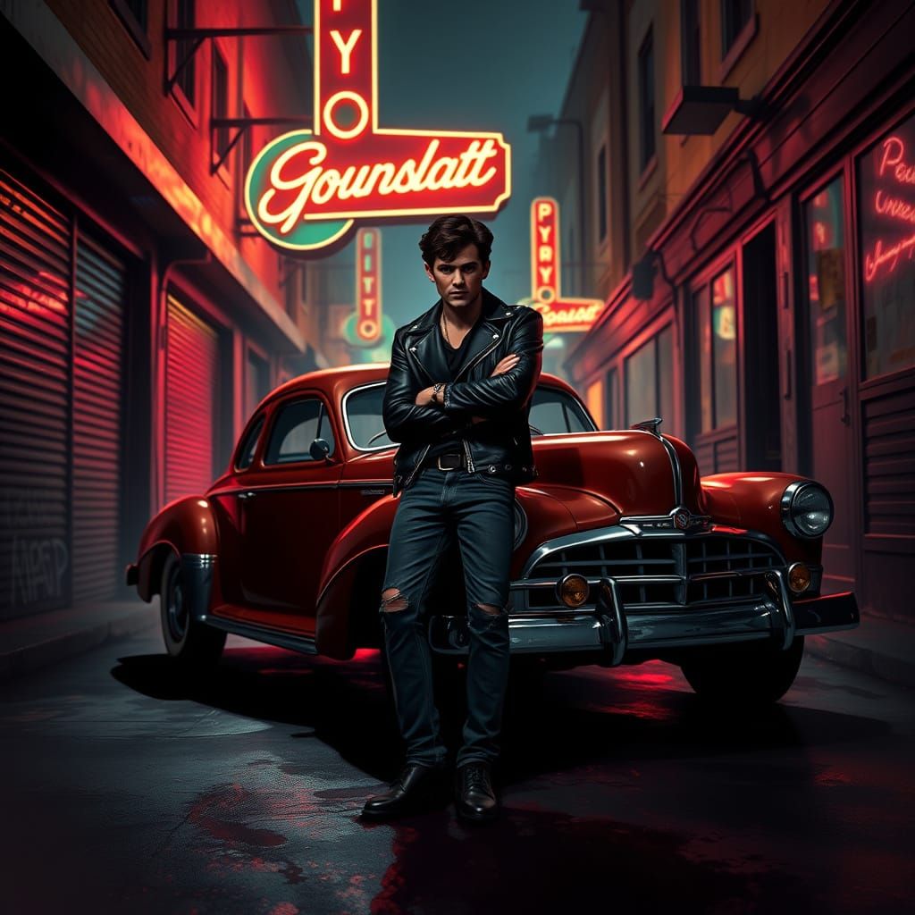 Greaser in Alleyway with Hot Rod, Film Noir Style