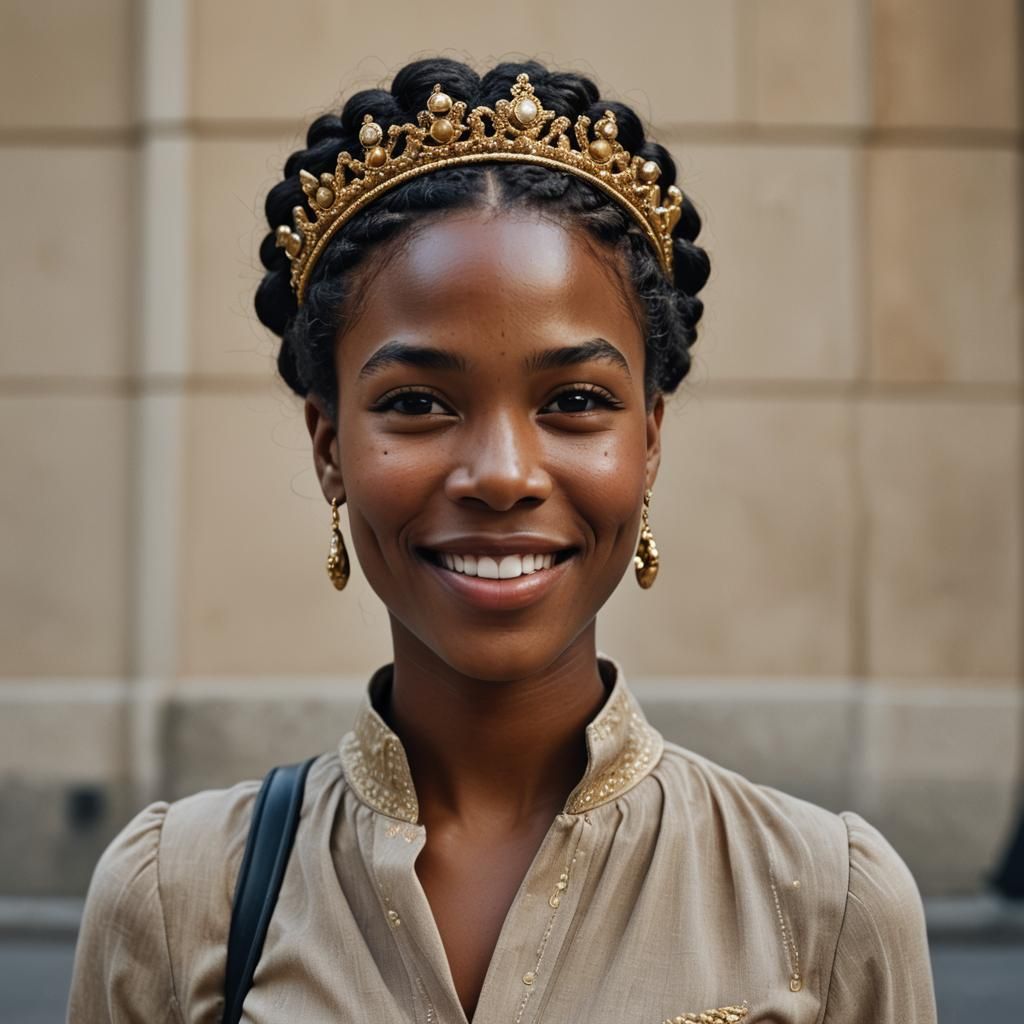 Smiling Black Woman with Crown Braid on Golden Street