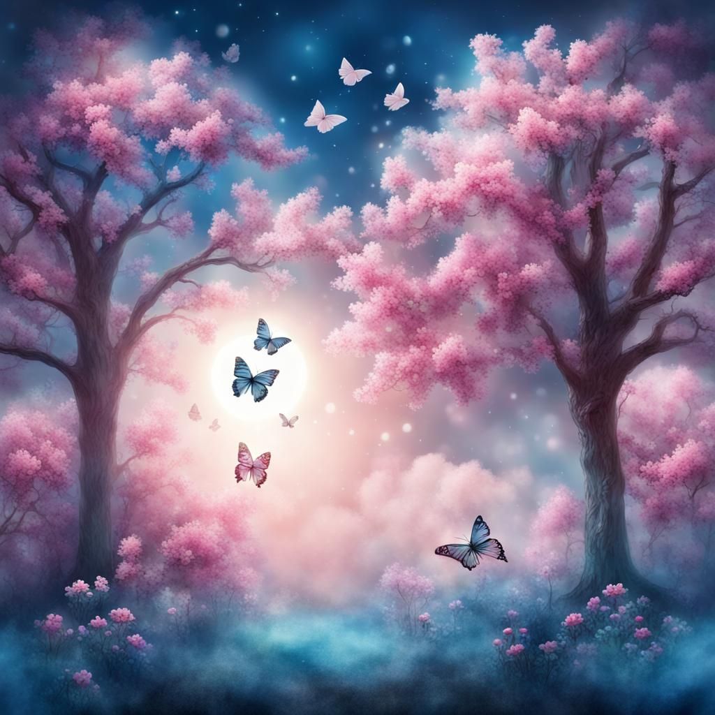 Moonlight Blue Trees with Butterflies and Flowers