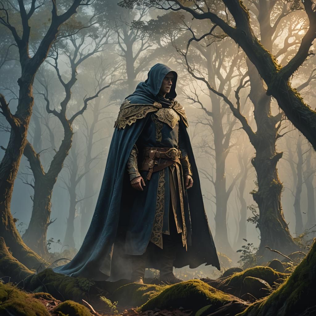 Hero at Mystical Forest Edge in Fantasy Art Style