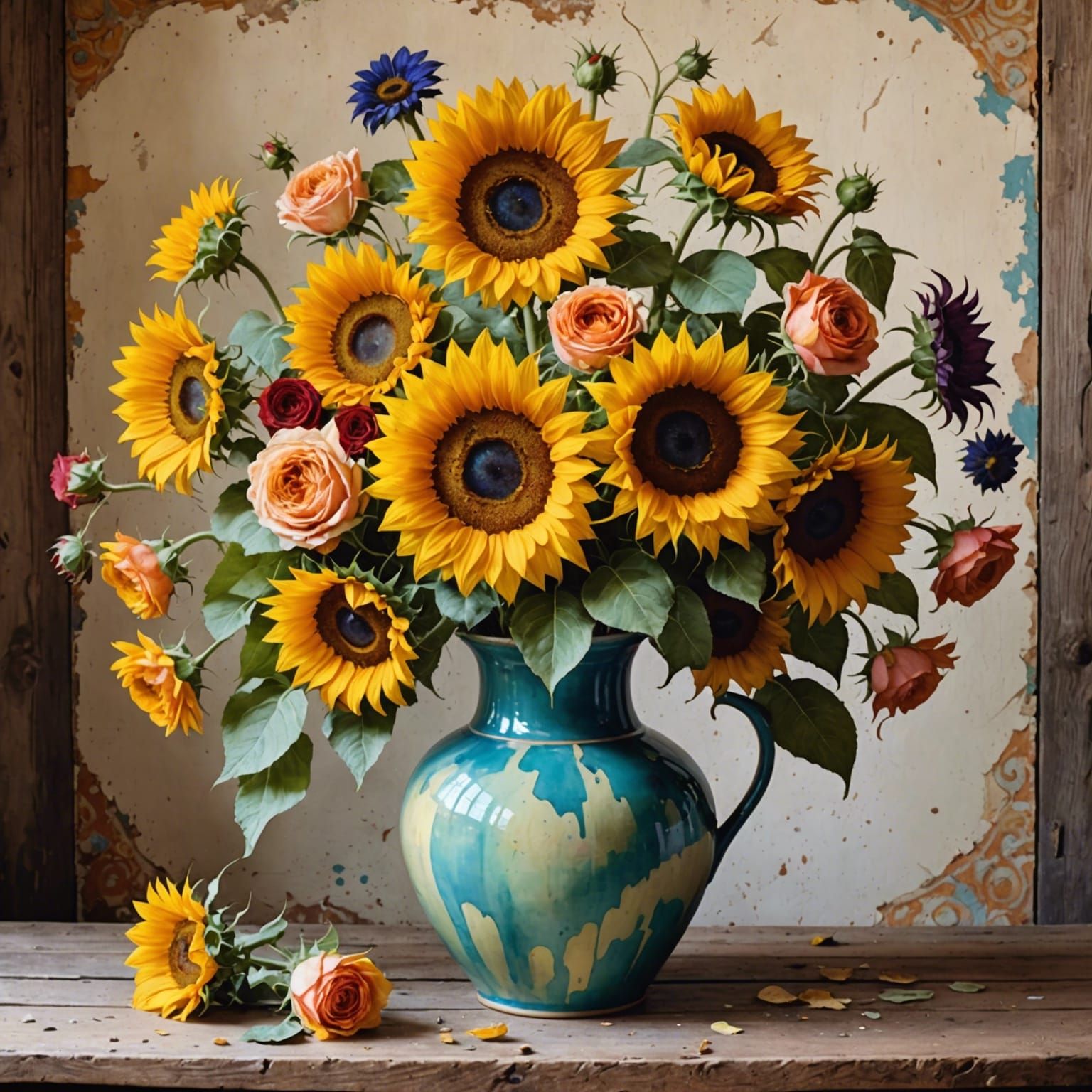 Whimsical Watercolor Vase with Sunflowers and Roses
